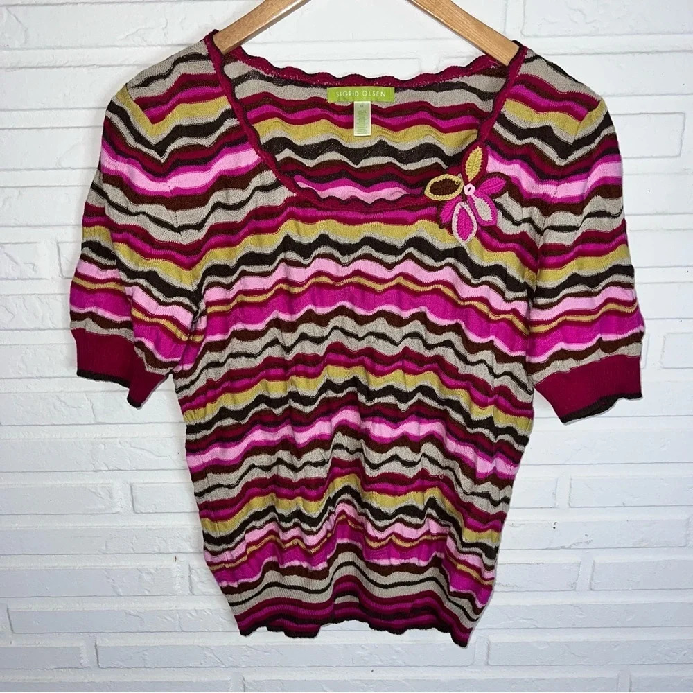 Sigrid Olsen Multicolored Short Sleeve Y2k Knit S… - image 1